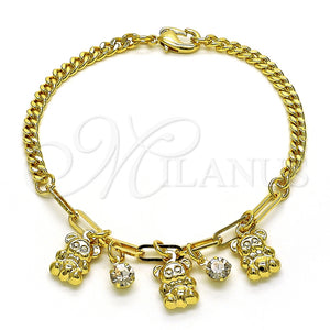 Pulsera de Dije 03.63.2237.07 Oro Laminado, Diseño de Osito y Paperclip, con Blanca Cristal, Pulido, Tono Dorado (04 MM Thickness, 7 Inches Length)