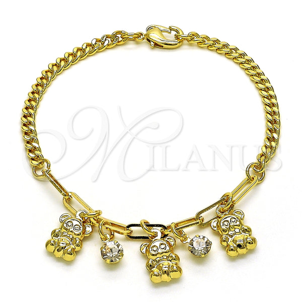 Pulsera de Dije 03.63.2237.07 Oro Laminado, Diseño de Osito y Paperclip, con Blanca Cristal, Pulido, Tono Dorado (04 MM Thickness, 7 Inches Length)