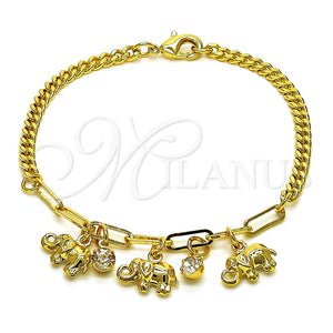Pulsera de Dije 03.63.2238.08 Oro Laminado, Diseño de Elefante y Paperclip, con Blanca Cristal, Pulido, Tono Dorado (04 MM Thickness, 8 Inches Length)