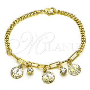 Pulsera de Dije 03.63.2239.07 Oro Laminado, Diseño de Ancla y Paperclip, con Blanca Cristal, Pulido, Tono Dorado (04 MM Thickness, 7 Inches Length)