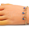 Pulsera de Dije 03.63.2240.08 Oro Laminado, Diseño de Ojo Griego y Paperclip, con Blanca Cristal, Resinado Azul, Tono Dorado (04 MM Thickness, 8 Inches Length)