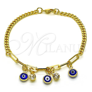 Pulsera de Dije 03.63.2240.08 Oro Laminado, Diseño de Ojo Griego y Paperclip, con Blanca Cristal, Resinado Azul, Tono Dorado (04 MM Thickness, 8 Inches Length)