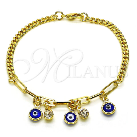 Pulsera de Dije 03.63.2240.08 Oro Laminado, Diseño de Ojo Griego y Paperclip, con Blanca Cristal, Resinado Azul, Tono Dorado (04 MM Thickness, 8 Inches Length)
