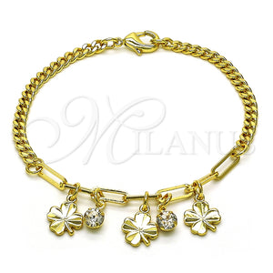 Pulsera de Dije 03.63.2242.07 Oro Laminado, Diseño de Trébol de Cuatro Hojas y Paperclip, con Blanca Cristal, Pulido, Tono Dorado (04 MM Thickness, 7 Inches Length)