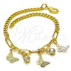 Pulsera de Dije 03.63.2243.07 Oro Laminado, Diseño de Mariposa y Paperclip, con Blanca Cristal, Pulido, Tono Dorado (04 MM Thickness, 7 Inches Length)