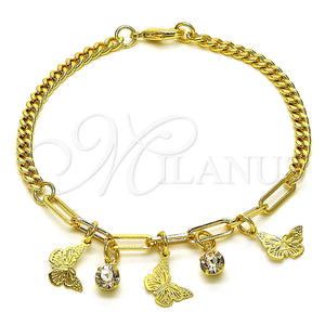 Pulsera de Dije 03.63.2243.07 Oro Laminado, Diseño de Mariposa y Paperclip, con Blanca Cristal, Pulido, Tono Dorado (04 MM Thickness, 7 Inches Length)