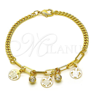 Pulsera de Dije 03.63.2244.08 Oro Laminado, Diseño de Tortuga y Paperclip, con Blanca Cristal, Pulido, Tono Dorado (04 MM Thickness, 8 Inches Length)