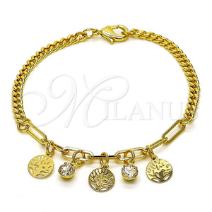Pulsera de Dije 03.63.2245.07 Oro Laminado, Diseño de Ãrbol y Paperclip, con Blanca Cristal, Pulido, Tono Dorado (04 MM Thickness, 7 Inches Length)