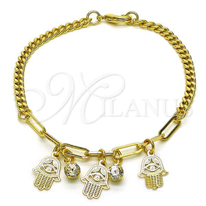 Pulsera de Dije 03.63.2246.08 Oro Laminado, Diseño de Mano de Dios y Paperclip, con Blanca Cristal, Pulido, Tono Dorado (04 MM Thickness, 8 Inches Length)