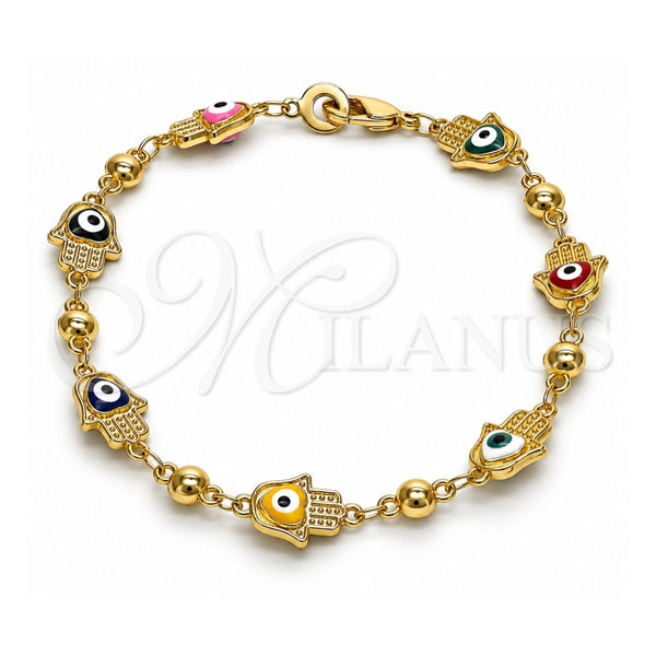 Pulsera Elegante 03.213.0146.2.08 Oro Laminado, Diseño de Judaica y Mano de Dios, Esmaltado Multicolor, Tono Dorado (Grosor 09 MM, 8 Pulgadas de Largo)