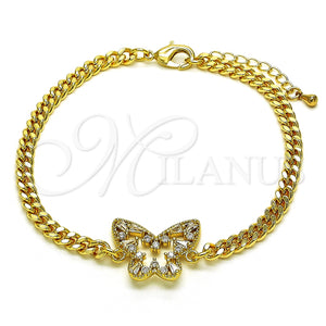 Pulsera Elegante 03.341.0174.08 Oro Laminado, Diseño de Mariposa y Baguette, con Blanca Zirconia Cubica, Pulido, Tono Dorado (04 MM Thickness, 8 Inches Length)