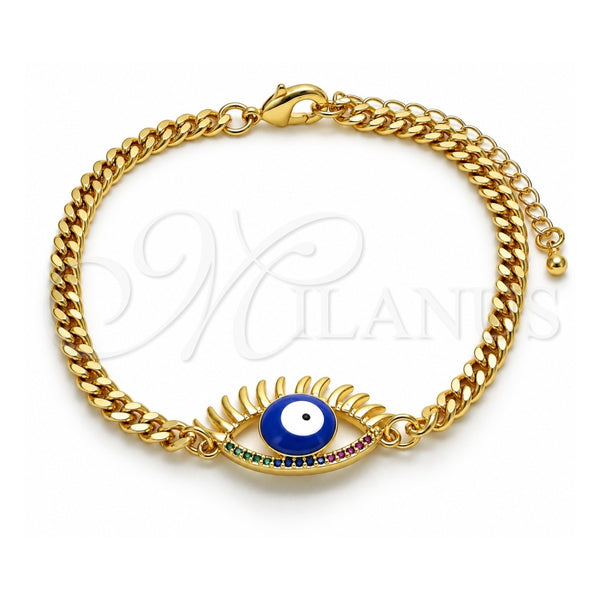 Pulsera Elegante 03.341.0175.1.08 Oro Laminado, Diseño de Ojo Griego, con Micro Pave Multicolor, Esmaltado Azul, Tono Dorado (Grosor 04 MM, 8 Pulgadas de Largo)