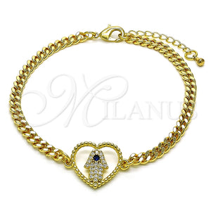 Pulsera Elegante 03.341.0177.08 Oro Laminado, Diseño de Corazón y Mano de Dios, con Blanca Micro Pave and Zafiro Azul Zirconia Cubica, Pulido, Tono Dorado (04 MM Thickness, 8 Inches Length)