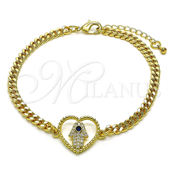 Pulsera Elegante 03.341.0177.08 Oro Laminado, Diseño de Corazón y Mano de Dios, con Micro Pave Blanca y Zirconia Cubica Zafiro Azul, Pulido, Tono Dorado (Grosor 04 MM, 8 Pulgadas de Largo)