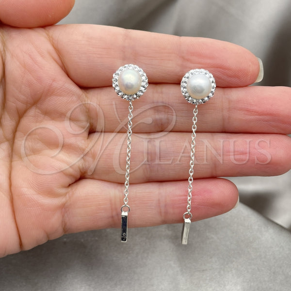 Arete Largo 02.399.0039 Plata Rodinada, Diseño de Bola, con Perla Marfil y Cristal Blanca, Pulido, Tono Plateado