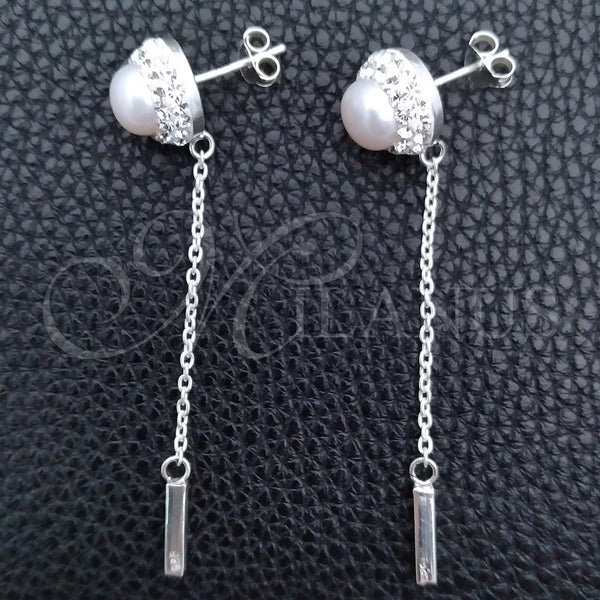 Arete Largo 02.399.0039 Plata Rodinada, Diseño de Bola, con Perla Marfil y Cristal Blanca, Pulido, Tono Plateado