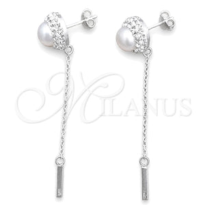Arete Largo 02.399.0039 Plata Rodinada, Diseño de Bola, con Perla Marfil y Cristal Blanca, Pulido, Tono Plateado
