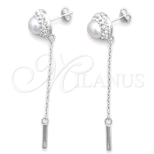 Arete Largo 02.399.0039 Plata Rodinada, Diseño de Bola, con Perla Marfil y Cristal Blanca, Pulido, Tono Plateado