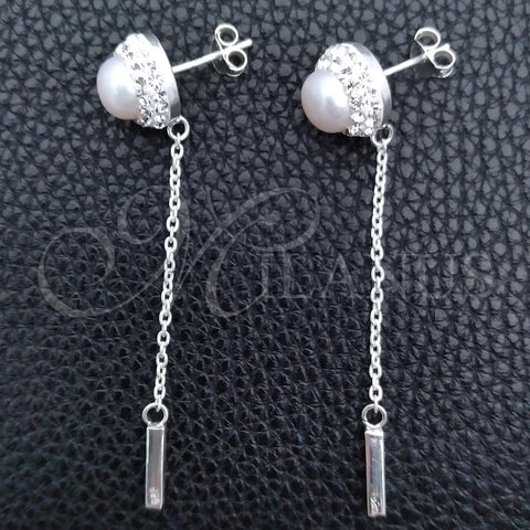 Arete Largo 02.399.0039 Plata Rodinada, Diseño de Bola, con Perla Marfil y Cristal Blanca, Pulido, Tono Plateado