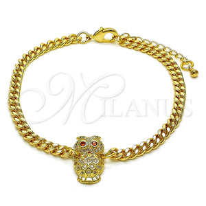 Pulsera Elegante 03.195.0003.08 Oro Laminado, Diseño de Búho, con Blanca Micro Pave and Rojo Naranja Zirconia Cubica, Pulido, Tono Dorado (04 MM Thickness, 8 Inches Length)