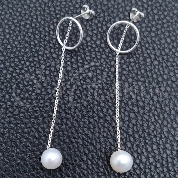 Arete Largo 02.399.0044 Plata Rodinada, Diseño de Bola, con Perla Marfil, Pulido, Tono Plateado
