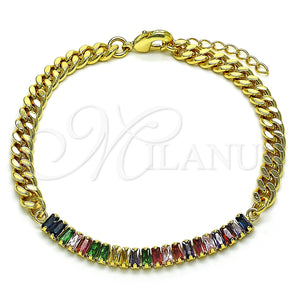 Pulsera Elegante 03.130.0010.1.08 Oro Laminado, Diseño de Miami Cubana y Baguette, con Multicolor Zirconia Cubica, Pulido, Tono Dorado (05 MM Thickness, 8 Inches Length)