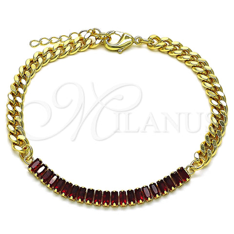 Pulsera Elegante 03.130.0010.2.08 Oro Laminado, Diseño de Miami Cubana y Baguette, con Granate Zirconia Cubica, Pulido, Tono Dorado (05 MM Thickness, 8 Inches Length)