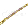 Pulsera Elegante 03.130.0010.3.07 Oro Laminado, Diseño de Miami Cubana y Baguette, con Rosado Zirconia Cubica, Pulido, Tono Dorado (05 MM Thickness, 7 Inches Length)