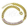 Pulsera Elegante 03.130.0010.3.07 Oro Laminado, Diseño de Miami Cubana y Baguette, con Rosado Zirconia Cubica, Pulido, Tono Dorado (05 MM Thickness, 7 Inches Length)