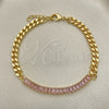 Pulsera Elegante 03.130.0010.3.07 Oro Laminado, Diseño de Miami Cubana y Baguette, con Rosado Zirconia Cubica, Pulido, Tono Dorado (05 MM Thickness, 7 Inches Length)