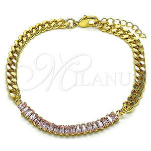 Pulsera Elegante 03.130.0010.3.07 Oro Laminado, Diseño de Miami Cubana y Baguette, con Rosado Zirconia Cubica, Pulido, Tono Dorado (05 MM Thickness, 7 Inches Length)