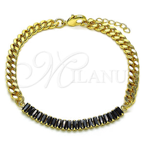 Pulsera Elegante 03.130.0010.4.07 Oro Laminado, Diseño de Miami Cubana y Baguette, con Negro Zirconia Cubica, Pulido, Tono Dorado (05 MM Thickness, 7 Inches Length)