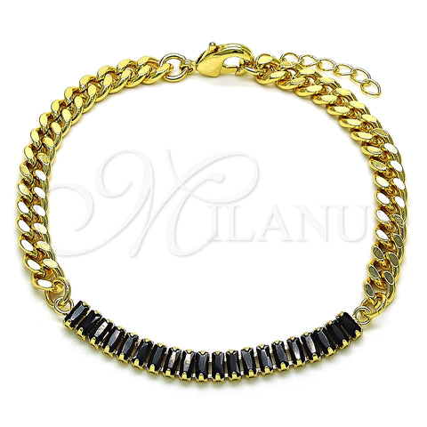 Pulsera Elegante 03.130.0010.4.07 Oro Laminado, Diseño de Miami Cubana y Baguette, con Negro Zirconia Cubica, Pulido, Tono Dorado (05 MM Thickness, 7 Inches Length)