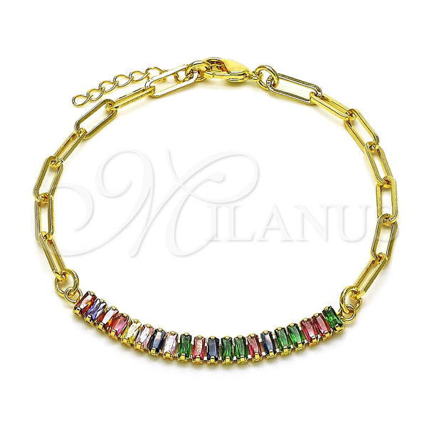 Pulsera Elegante 03.130.0011.1.08 Oro Laminado, Diseño de Paperclip y Baguette, con Multicolor Zirconia Cubica, Pulido, Tono Dorado (04 MM Thickness, 8 Inches Length)