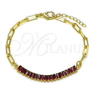 Pulsera Elegante 03.130.0011.2.08 Oro Laminado, Diseño de Paperclip y Baguette, con Granate Zirconia Cubica, Pulido, Tono Dorado (04 MM Thickness, 8 Inches Length)