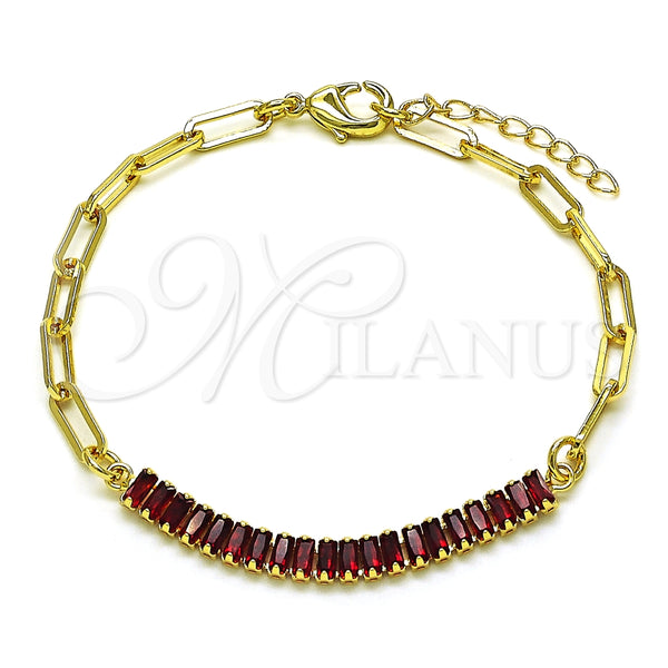 Pulsera Elegante 03.130.0011.2.08 Oro Laminado, Diseño de Paperclip y Baguette, con Granate Zirconia Cubica, Pulido, Tono Dorado (04 MM Thickness, 8 Inches Length)
