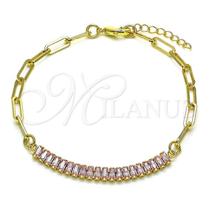 Pulsera Elegante 03.130.0011.3.07 Oro Laminado, Diseño de Paperclip y Baguette, con Rosado Zirconia Cubica, Pulido, Tono Dorado (04 MM Thickness, 7 Inches Length)