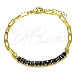 Pulsera Elegante 03.130.0011.4.07 Oro Laminado, Diseño de Paperclip y Baguette, con Negro Zirconia Cubica, Pulido, Tono Dorado (04 MM Thickness, 7 Inches Length)