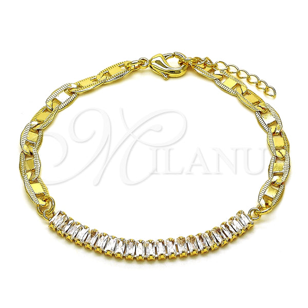 Pulsera Elegante 03.130.0012.08 Oro Laminado, Diseño de Mariner y Baguette, con Blanca Zirconia Cubica, Pulido, Tono Dorado (05 MM Thickness, 8 Inches Length)