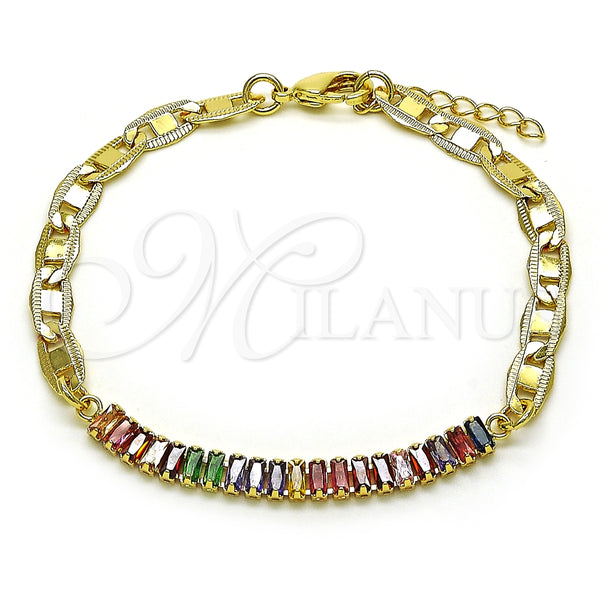 Pulsera Elegante 03.130.0012.1.08 Oro Laminado, Diseño de Mariner y Baguette, con Multicolor Zirconia Cubica, Pulido, Tono Dorado (05 MM Thickness, 8 Inches Length)