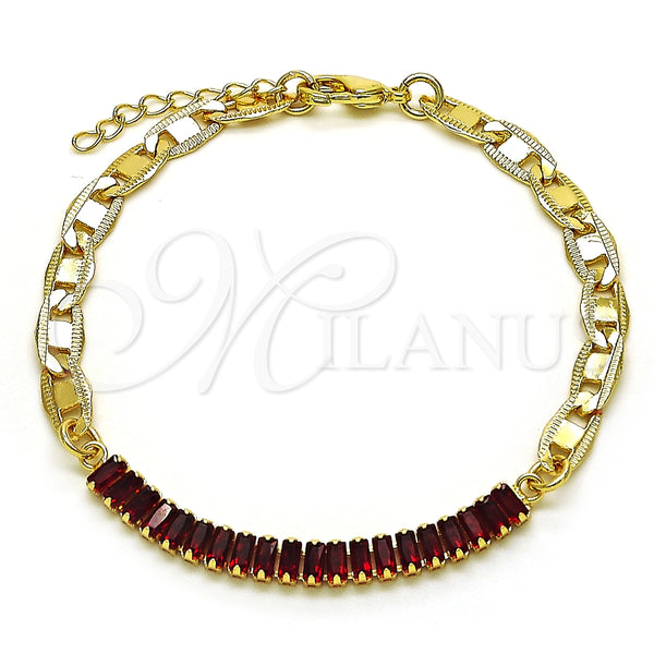 Pulsera Elegante 03.130.0012.2.08 Oro Laminado, Diseño de Mariner y Baguette, con Granate Zirconia Cubica, Pulido, Tono Dorado (05 MM Thickness, 8 Inches Length)