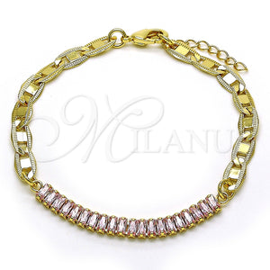 Pulsera Elegante 03.130.0012.3.08 Oro Laminado, Diseño de Mariner y Baguette, con Rosado Zirconia Cubica, Pulido, Tono Dorado (05 MM Thickness, 8 Inches Length)