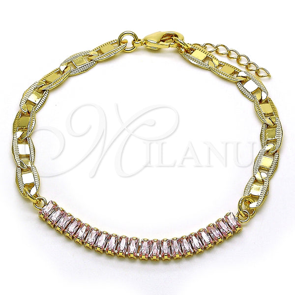 Pulsera Elegante 03.130.0012.3.08 Oro Laminado, Diseño de Mariner y Baguette, con Rosado Zirconia Cubica, Pulido, Tono Dorado (05 MM Thickness, 8 Inches Length)