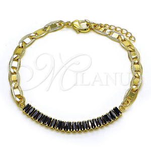 Pulsera Elegante 03.130.0012.4.08 Oro Laminado, Diseño de Mariner y Baguette, con Negro Zirconia Cubica, Pulido, Tono Dorado (05 MM Thickness, 8 Inches Length)