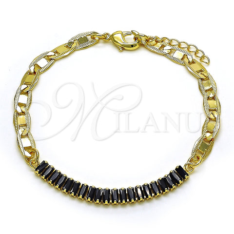 Pulsera Elegante 03.130.0012.4.08 Oro Laminado, Diseño de Mariner y Baguette, con Negro Zirconia Cubica, Pulido, Tono Dorado (05 MM Thickness, 8 Inches Length)
