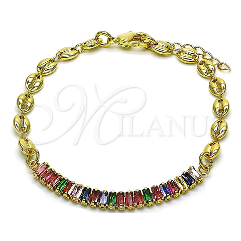 Pulsera Elegante 03.130.0013.1.08 Oro Laminado, Diseño de Puff Mariner y Baguette, con Multicolor Zirconia Cubica, Pulido, Tono Dorado (05 MM Thickness, 8 Inches Length)
