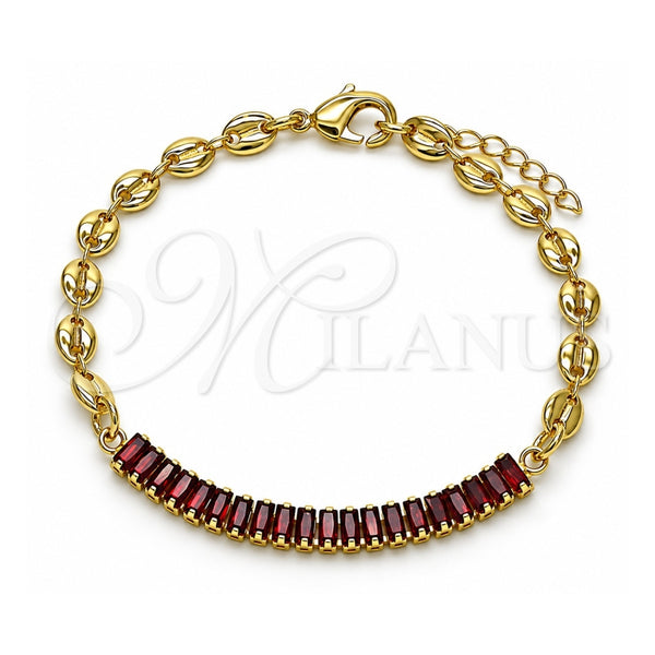 Pulsera Elegante 03.130.0013.2.08 Oro Laminado, Diseño de Puff Mariner y Baguette, con Zirconia Cubica Granate, Pulido, Tono Dorado (Grosor 05 MM, 8 Pulgadas de Largo)