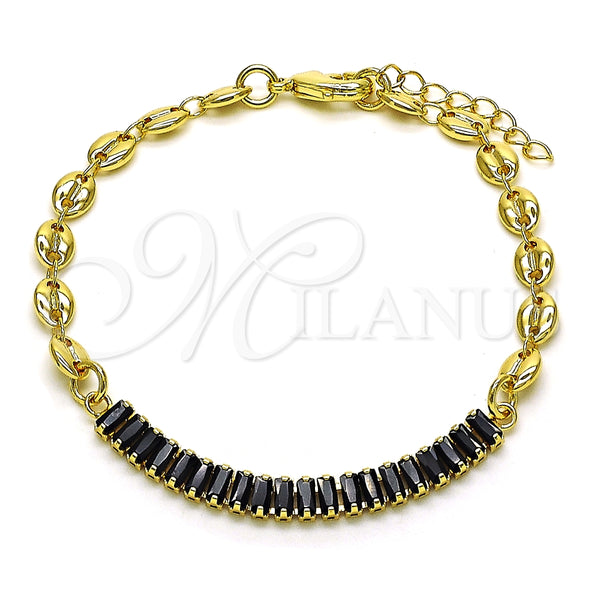 Pulsera Elegante 03.130.0013.4.08 Oro Laminado, Diseño de Puff Mariner y Baguette, con Negro Zirconia Cubica, Pulido, Tono Dorado (05 MM Thickness, 8 Inches Length)