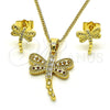Juego de Arete y Dije de Adulto 10.210.0165 Oro Laminado, Diseño de Libélula, con Zirconia Cubica Blanca, Pulido, Tono Dorado