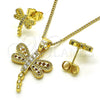 Juego de Arete y Dije de Adulto 10.210.0165 Oro Laminado, Diseño de Libélula, con Zirconia Cubica Blanca, Pulido, Tono Dorado